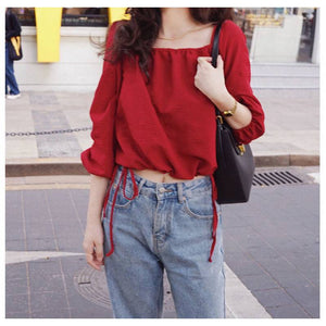 Red Long Sleeve Chiffon Square Neck Bowknot Blouse
