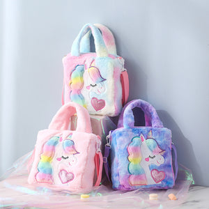 Kids Girls Cute Unicorn Cartoon Embroidery Plush Sling Bag