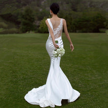 Load image into Gallery viewer, Satin Lace White Slim Mermaid Train French Style Wedding Dress
