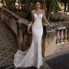 Load image into Gallery viewer, Long Sleeve Deep V Neck Backless Small Train Mermaid Wedding Dress
