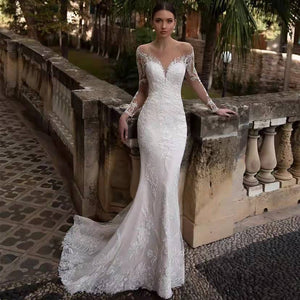 Long Sleeve Deep V Neck Backless Small Train Mermaid Wedding Dress