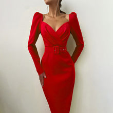 Load image into Gallery viewer, Ruched V Neck Long Sleeve Belted Midi Pencil Dress
