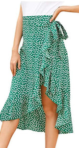 Ruffle Asymmetrical Wrap and Tie Printed Midi Skirt