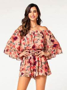 fashion flora ruffle 3/4 sleeve off shoulder short holiday jumpsuit