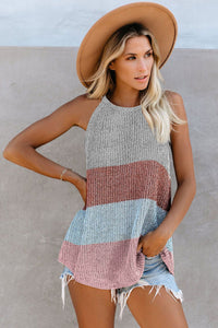 Women Contrast Stripe Vest Sleeveless Halter Round Neck Knitwear Top