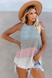 Women Contrast Stripe Vest Sleeveless Halter Round Neck Knitwear Top