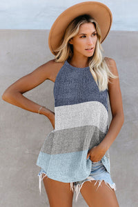 Women Contrast Stripe Vest Sleeveless Halter Round Neck Knitwear Top