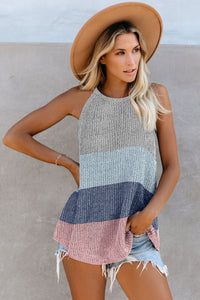 Women Contrast Stripe Vest Sleeveless Halter Round Neck Knitwear Top