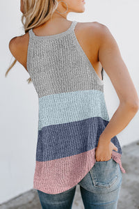 Women Contrast Stripe Vest Sleeveless Halter Round Neck Knitwear Top