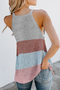 Women Contrast Stripe Vest Sleeveless Halter Round Neck Knitwear Top