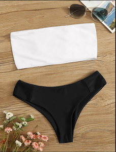 Lady white black contrast tube triangle bikini swimsuit