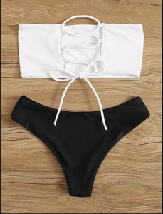 Lady white black contrast tube triangle bikini swimsuit