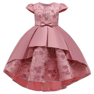 100-140cm New Design Short Sleeve Girls Embroidered Train Puffy Formal Event Dresses