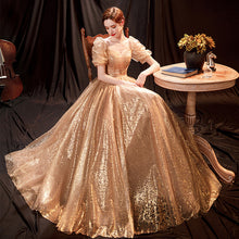 Load image into Gallery viewer, Short Puff Sleeve Elegant Golden Evening Dress Fairy Slim Long Fancy Prom Dress
