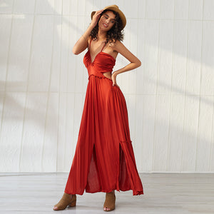 Summer beach bohemian clothing maxi dress casual solid red Spaghetti strap dress sexy v neck backless dresses women