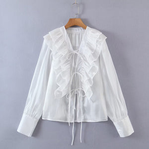 2022 Autumn New Design Two Colorway Ruffle Tiered Tie Shirt Blouse