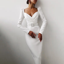 Load image into Gallery viewer, Ruched V Neck Long Sleeve Belted Midi Pencil Dress
