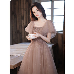 Flare Short Sleeve Sequin Embroidered Princess Bridesmaid Evening Dress