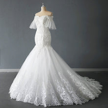 Load image into Gallery viewer, Off Shoulder Flare Short Sleeve Bridal Train Starry Bridal Wedding Dress
