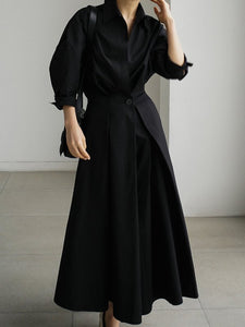 Solid Color Lapel Long Sleeves Casual Midi Shirt Dress