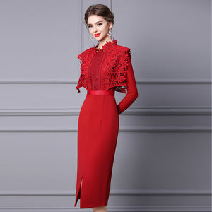 2022 New Design Long Sleeve Red Christmas Autumn Water Soluble Lace Midi Formal Dress