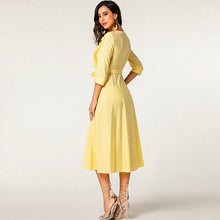Load image into Gallery viewer, Elegant generous lady wear O neck 3/4 sleeve ruffled bandaged solid color ankle length cotton casual yellow long dress
