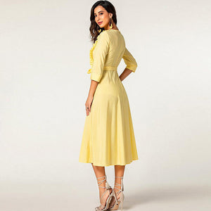Elegant generous lady wear O neck 3/4 sleeve ruffled bandaged solid color ankle length cotton casual yellow long dress