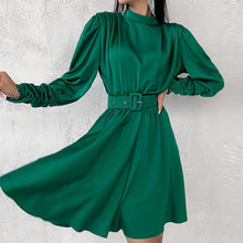 Load image into Gallery viewer, Green Satin Stand Collar Long Sleeve Flare Midi Casual Dress with Belt
