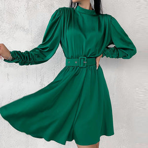 Green Satin Stand Collar Long Sleeve Flare Midi Casual Dress with Belt