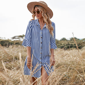 Button Up Striped Midi Blue Casual Shirt Dress