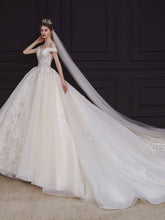 Load image into Gallery viewer, White Off Shoulder Embroidery Applique Fairy Big Train Elegant French Style Wedding Gown
