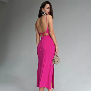 Spaghetti Backless V Neck Sexy Pink Slim Slip Casual Dress