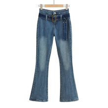 Load image into Gallery viewer, Vintage Elegant High Waist Jeans Belted Flare Denim Pants
