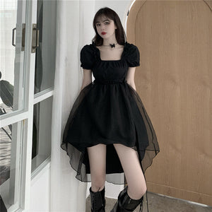 Black Organza Square Neck Puff Sleeve High Low Hem Casual Dress