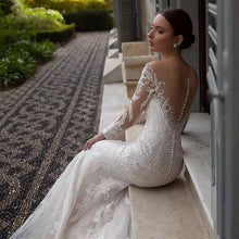 Load image into Gallery viewer, Long Sleeve Deep V Neck Backless Small Train Mermaid Wedding Dress
