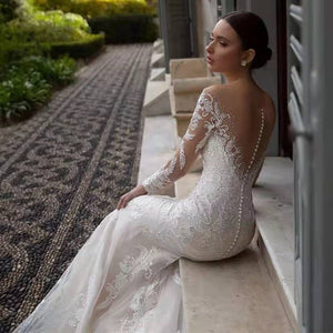 Long Sleeve Deep V Neck Backless Small Train Mermaid Wedding Dress