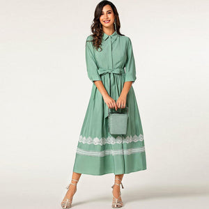 Green elegant elbow sleeve bandage lady wear ruffle lace long button shirt latest formal dress patterns