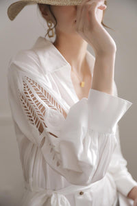 White Long Sleeve Hollow Out Embroidery Slim Shirt Dress