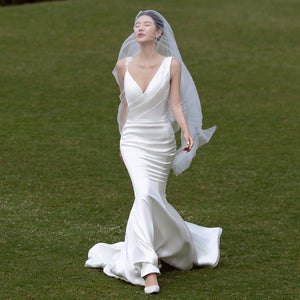 Satin Lace White Slim Mermaid Train French Style Wedding Dress