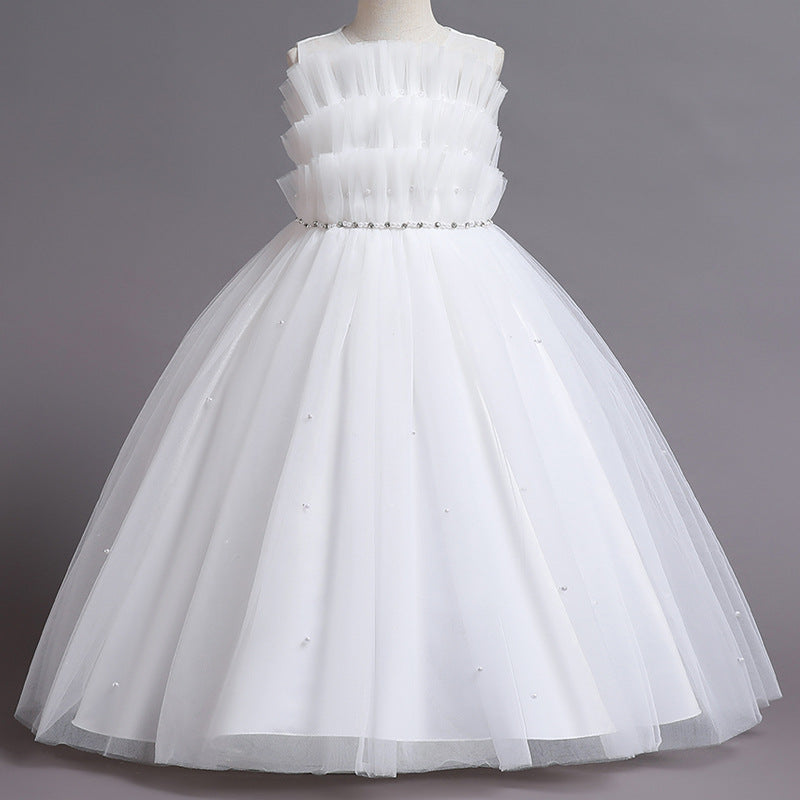 110-160cm Girls Tulle Puffy Princess Pleated Tiered Dress