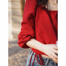 Load image into Gallery viewer, Red Long Sleeve Chiffon Square Neck Bowknot Blouse
