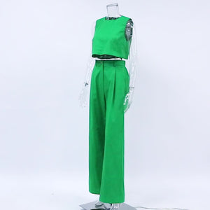 Solid Sleeveless Top Flare Pants Cotton Two Piece Set