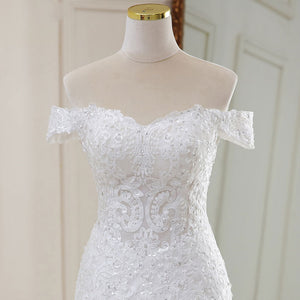 White Lace Big Train V Neck French Style Bridal Wedding Dress