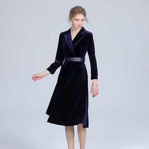 Autumn Winter Velvet Windbreaker Long Sleeve Velour Tie Elegant Formal Dress