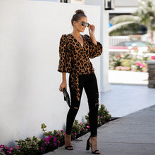 Load image into Gallery viewer, factory wholesale OEM women clothes autumn puff lantern long sleeve deep V neck leopard slim flare blouse with belt
