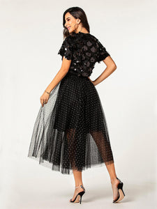 women trendy short sleeves sequin top polka dot tulle overlay skirt 2-piece set