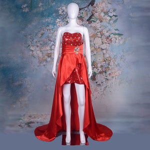 High Low Hem Asymmetrical Banquet Performance Sequin Thick Satin Evening Dress