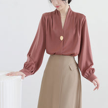 Load image into Gallery viewer, Elegant V Neck Satin Draped Slim Blouse
