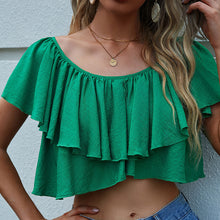 Load image into Gallery viewer, Solid Round Neck Ruched Asymmetrical Crop Sexy Short Blouse Top
