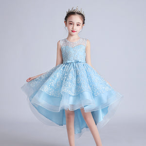 Kids Girls Puffy Long Train Embroidered 3-13Y Junior Princess Dress Children's Day Performance Dress